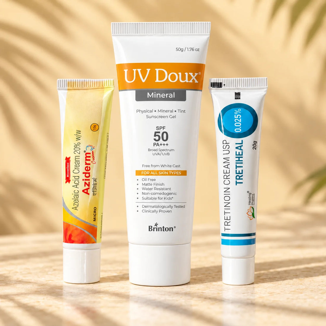 Summer Even-Tone Kit: Aziderm Azelaic Acid Cream 20%, UV Doux Mineral tinted sunscreen SPF 50 and Tretiheal Tretinoin Cream 0.025% tubes