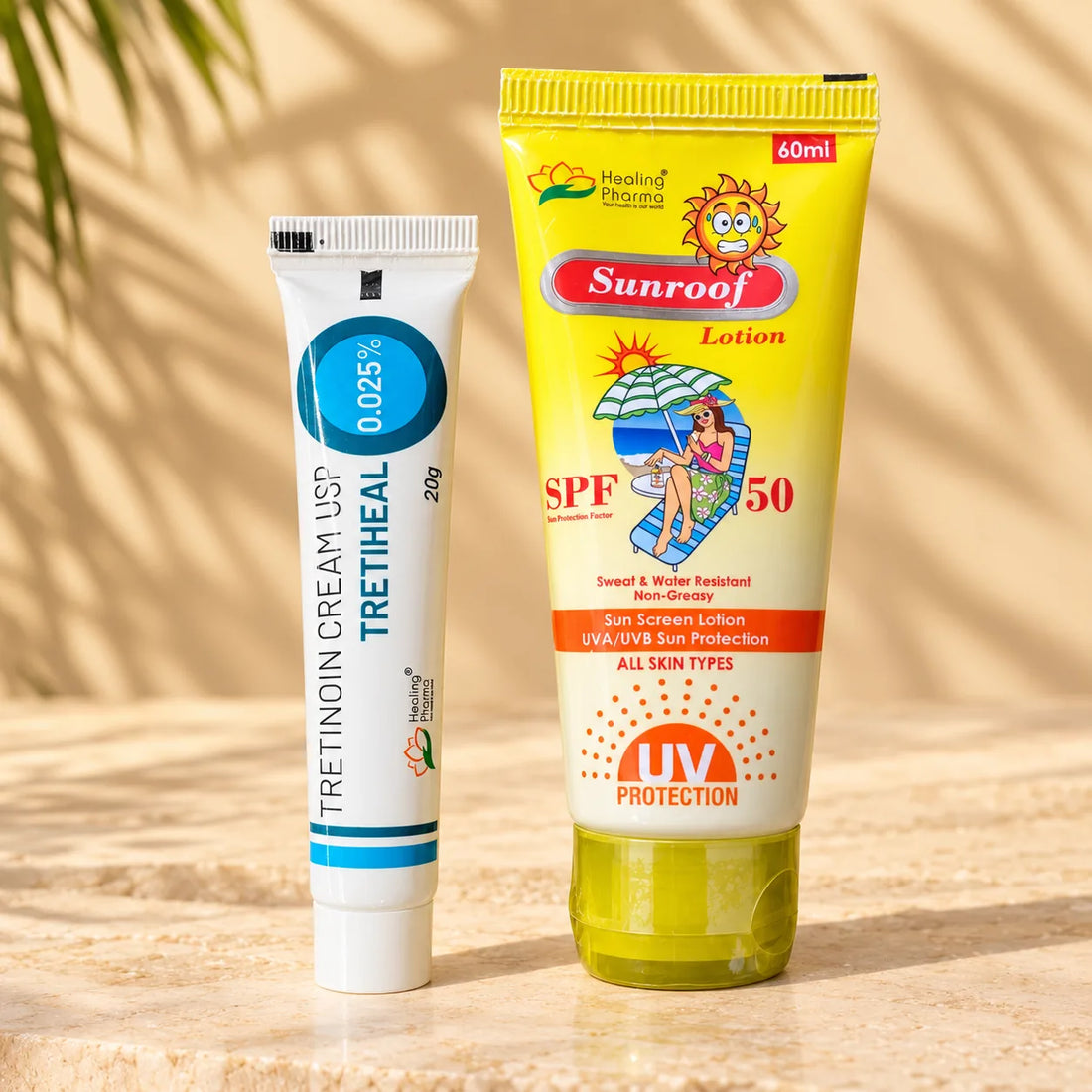 Summer Starter Kit: Tretiheal Tretinoin Cream 0.025% 20g and Sunroof Sunscreen Lotion SPF 50 tubes