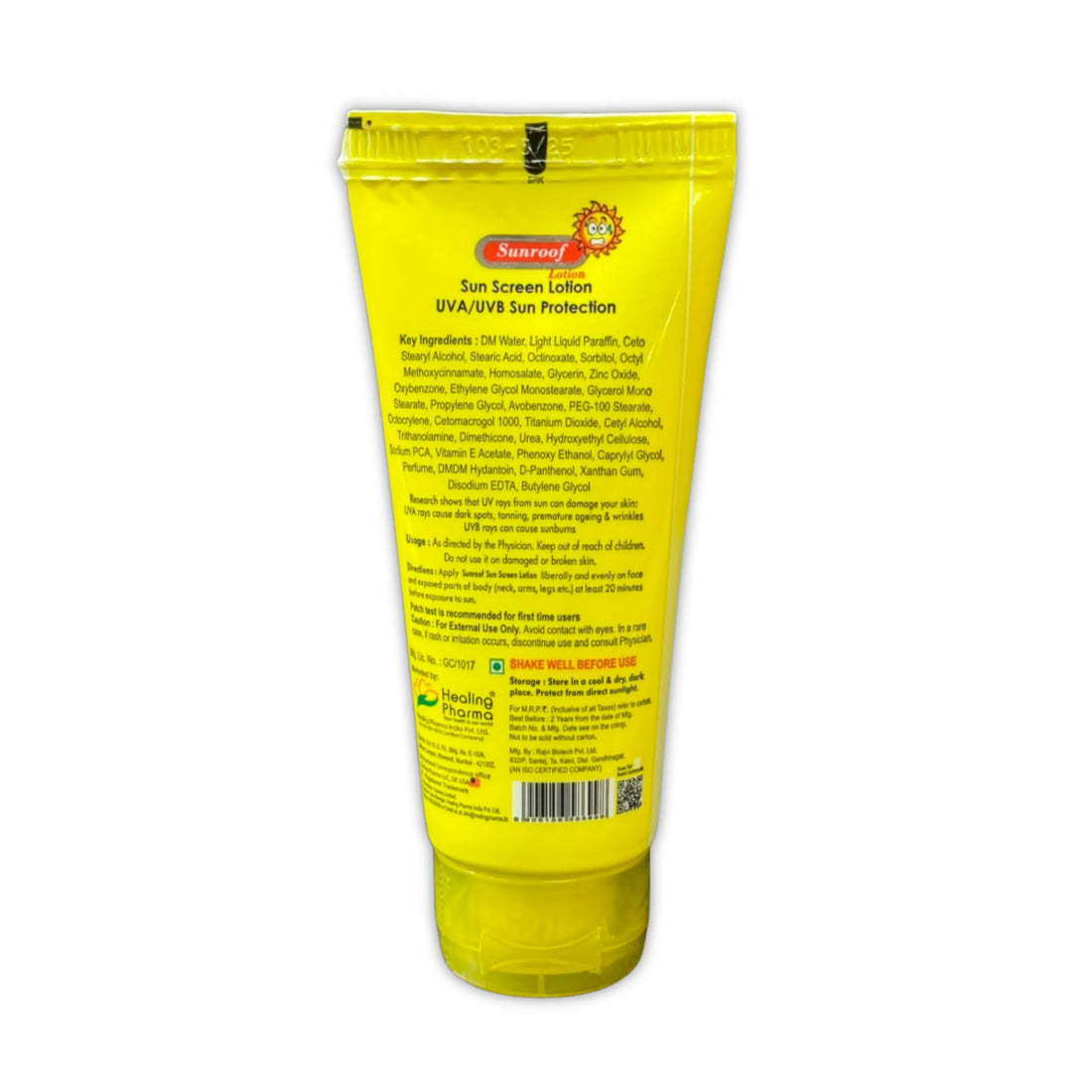 Sunroof Sunscreen Lotion SPF 50 UVA/UVB back label with ingredients 