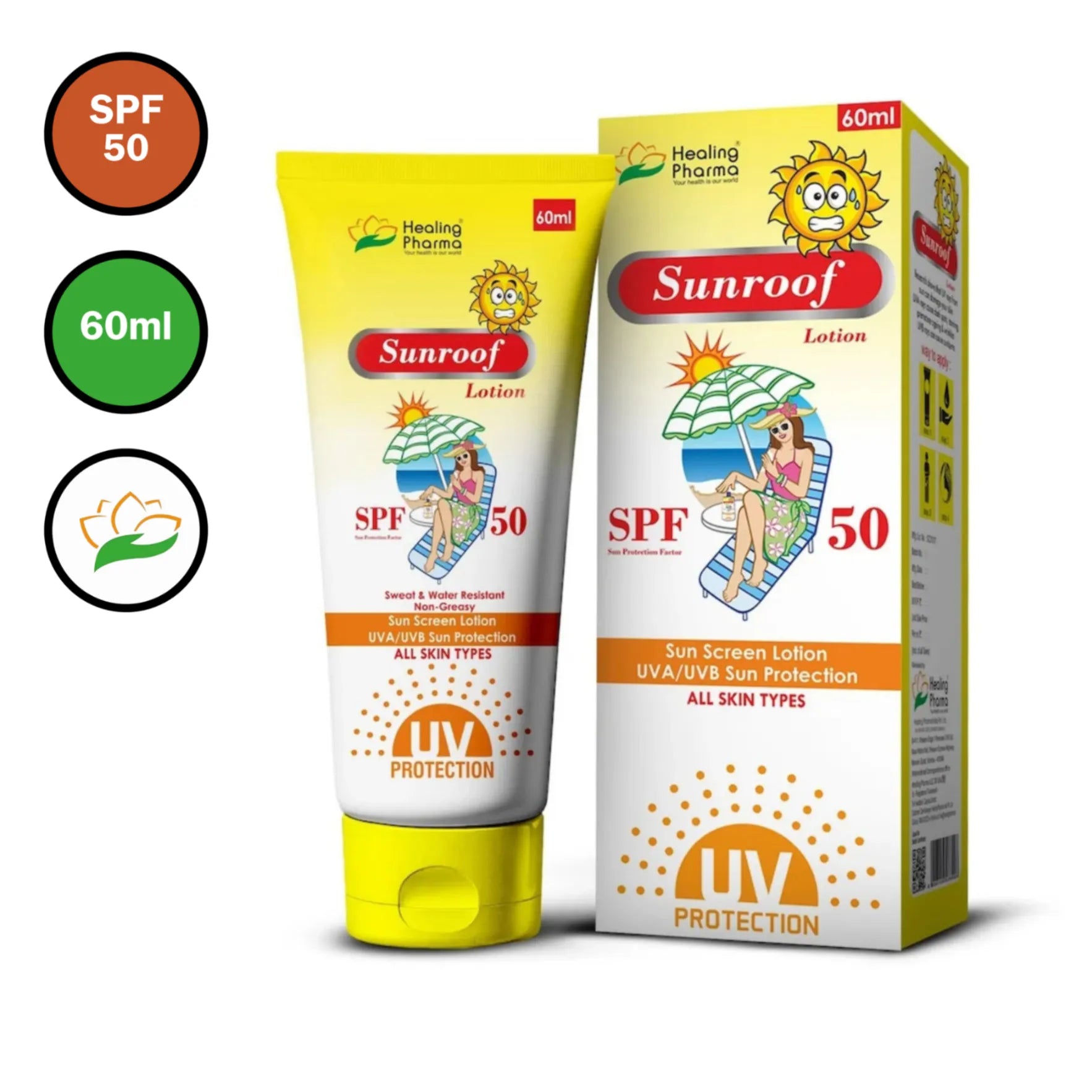 Sunroof Sunscreen Lotion SPF 50 60ml tube with original packaging and icons with white background