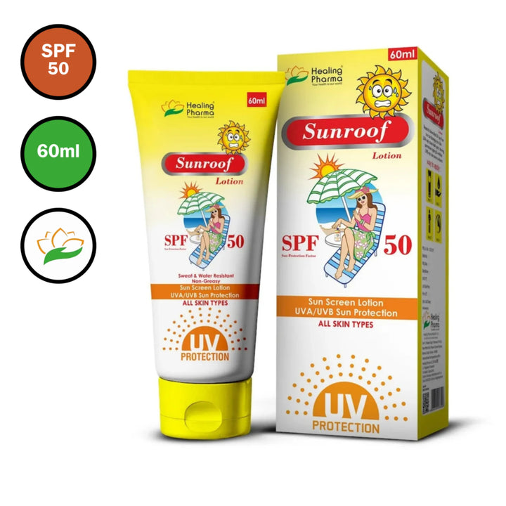 Sunroof Sunscreen Lotion SPF 50 60ml tube with original packaging and icons with white background