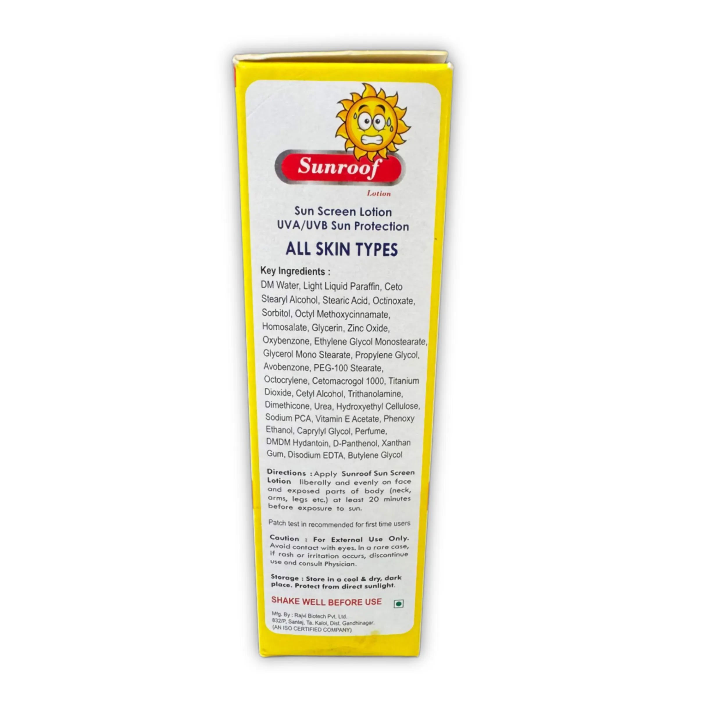 Sunroof Sunscreen Lotion 60ml packaging ingredients and directions