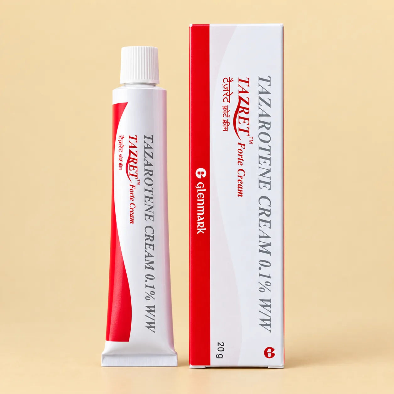 Tazret Forte Tazarotene Cream 0.1% w/w 20g by Glenmark, tube and box