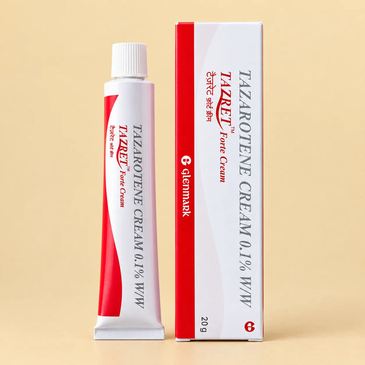 Tazret Forte Tazarotene Cream 0.1% w/w 20g by Glenmark, tube and box