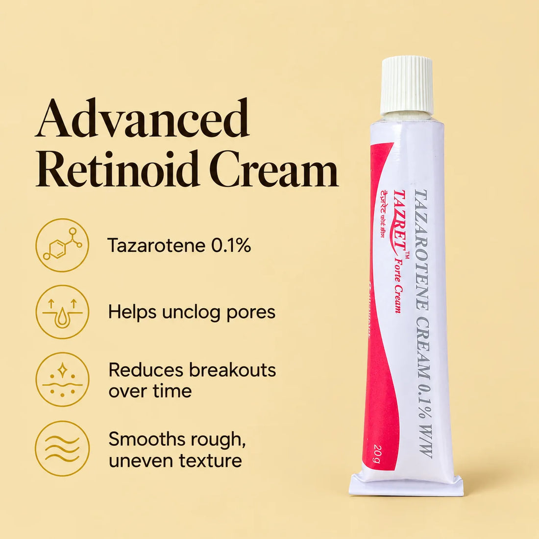 Tazret Forte advanced retinoid cream with tazarotene 0.1%: helps unclog pores, reduces breakouts over time, smooths rough uneven texture