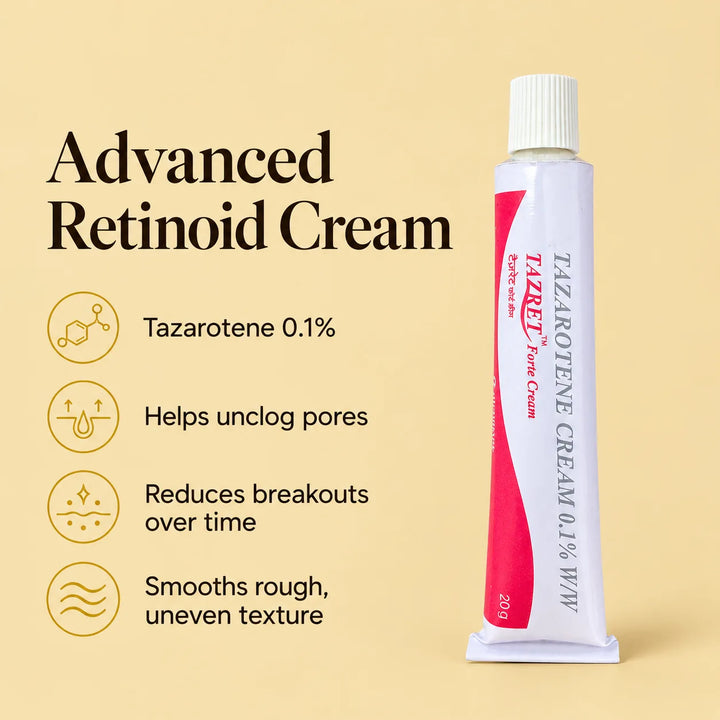 Tazret Forte advanced retinoid cream with tazarotene 0.1%: helps unclog pores, reduces breakouts over time, smooths rough uneven texture