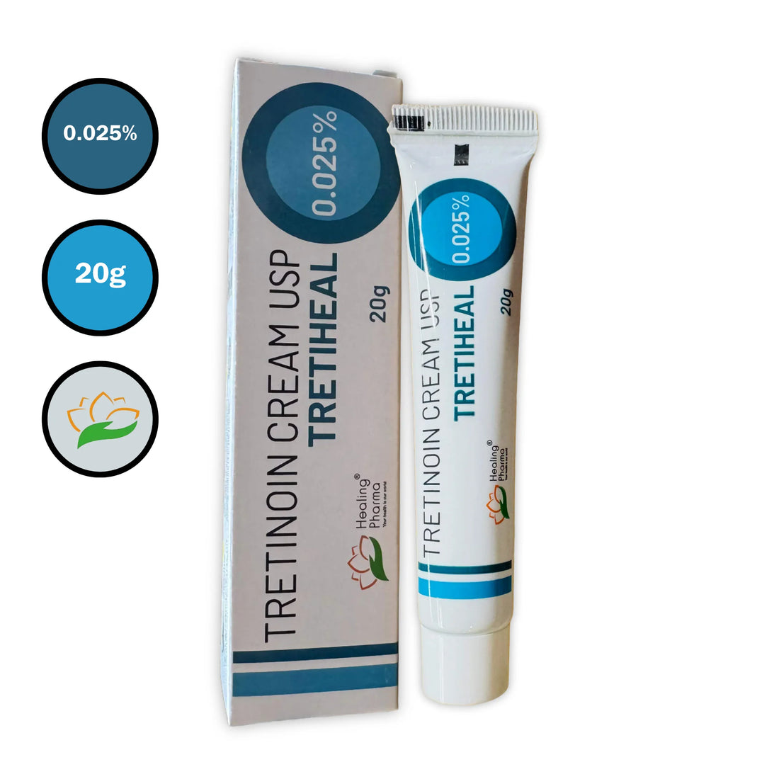 Tretiheal 0.025% tretinoin cream 20g tube and box and icons on white background 