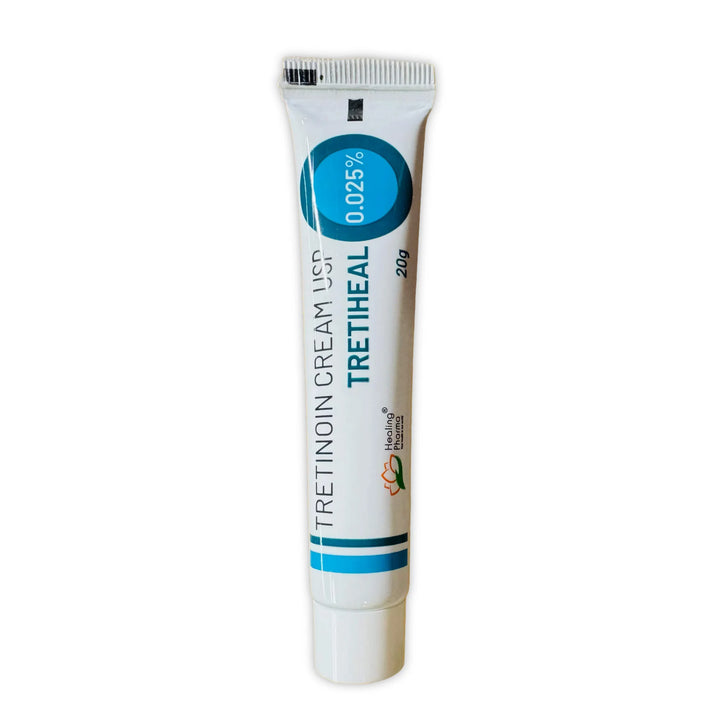 Tretiheal tretinoin cream USP 0.025% 20g tube by Healing Pharma on white background