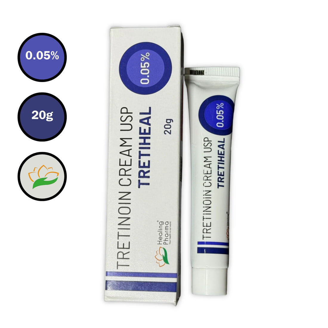 Tretiheal tretinoin cream USP 0.05% 20g box and tube on white background