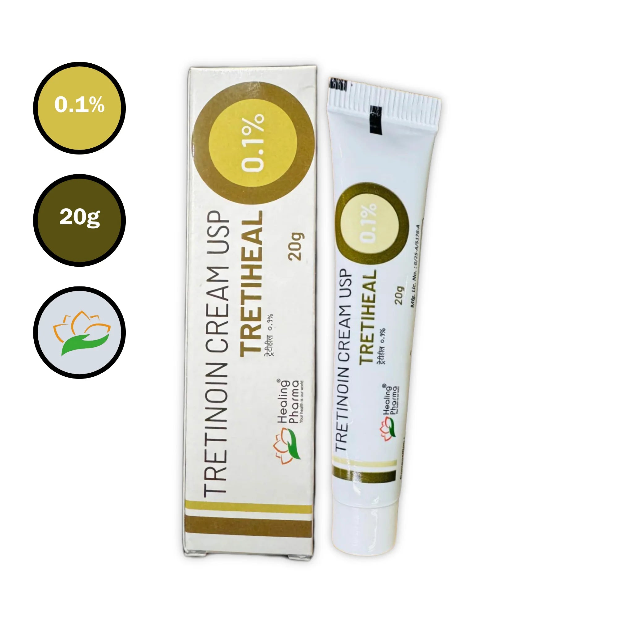Tretiheal Tretinoin Cream USP 0.1% w/w 20g box and tube by Healing Pharma on white background