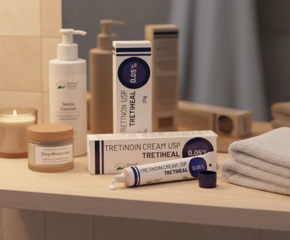 Healing Pharma Tretiheal 0.05% Tretinoin Cream on vanity shelf with cleanser and moisturizer — prescription retinoid for clear, smooth skin.