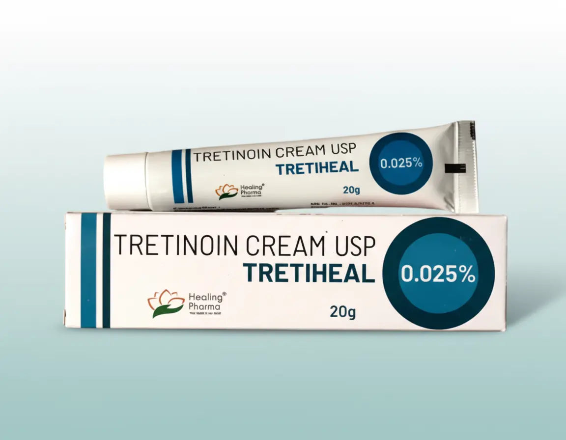 Tretinoin Cream USP 0.025% — acne & anti-aging retinoid cream tube and box on light blue background.