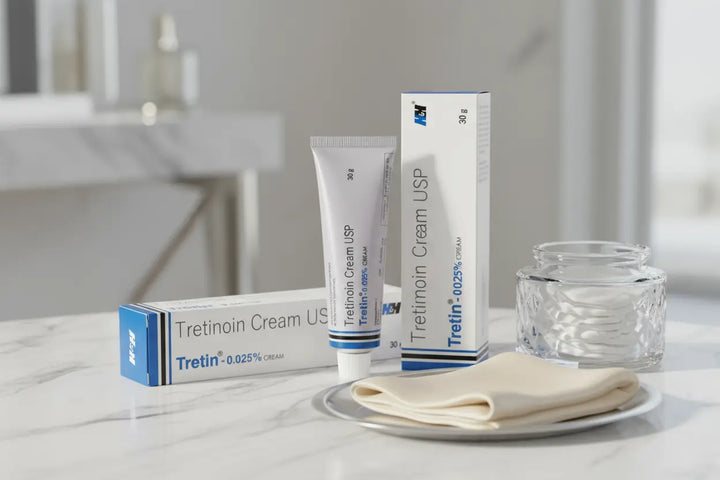H&H Tretinoin Cream USP 0.025% displayed on vanity — professional-grade anti-acne and anti-aging skincare product.