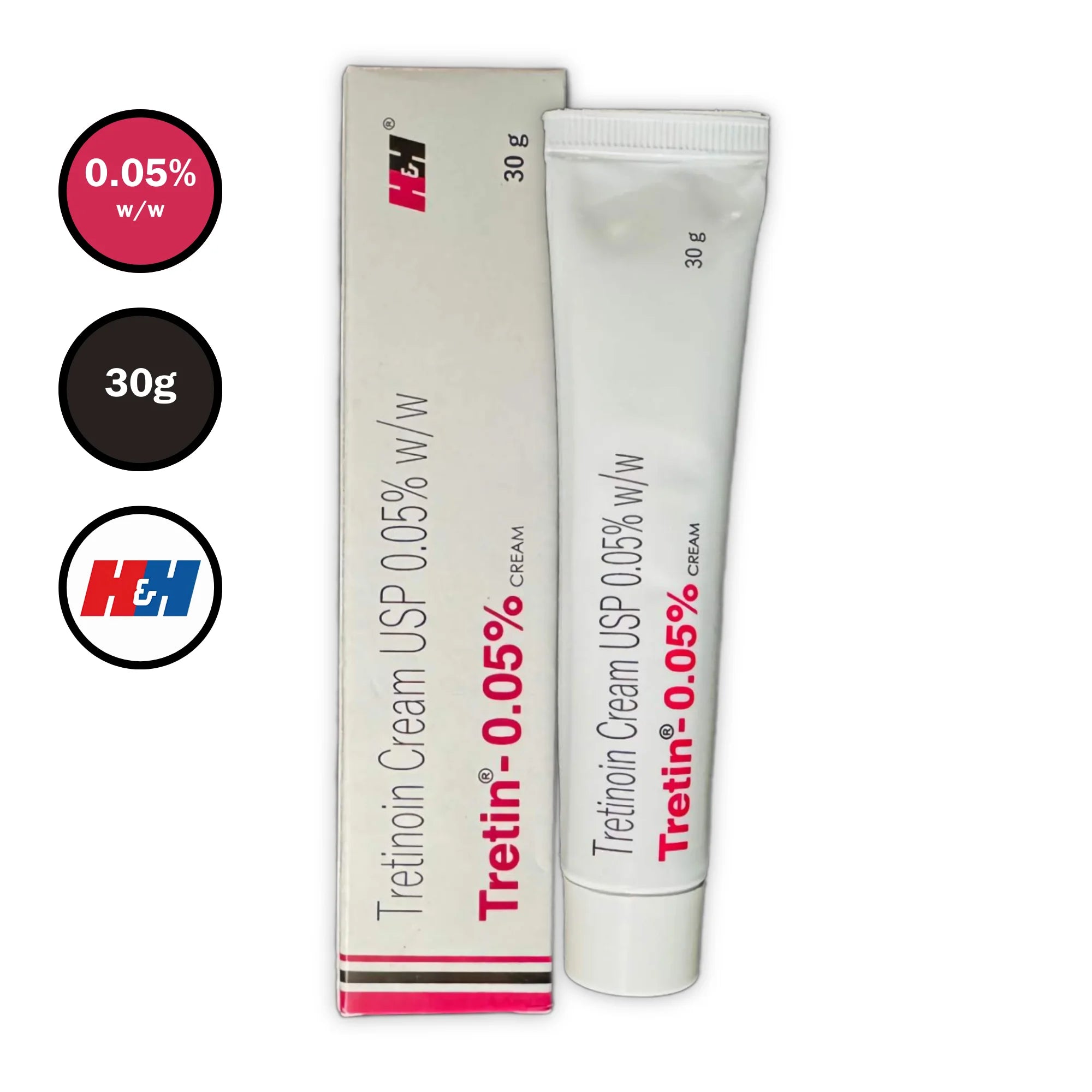 Tretin Tretinoin Cream USP 0.05% w/w 30g tube with outer box and icons – front view