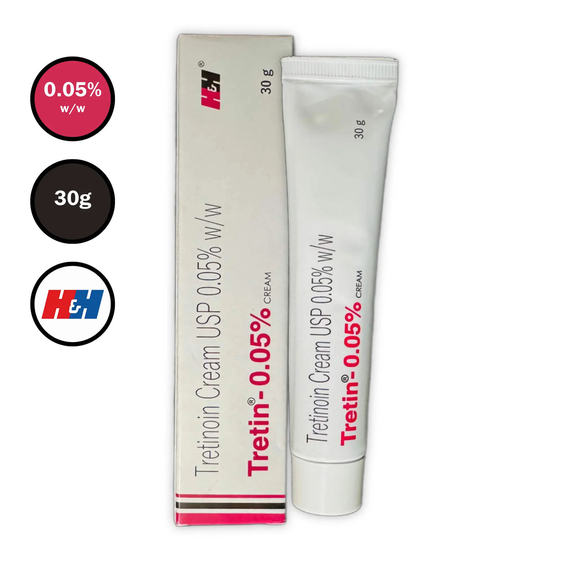 Tretin Tretinoin Cream USP 0.05% w/w 30g tube with outer box and icons – front view
