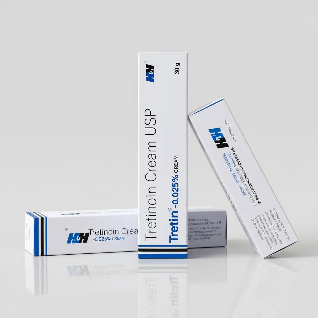 H&H Tretinoin Cream USP 0.025% packaging display — topical retinoid for improving acne, wrinkles, and skin texture.