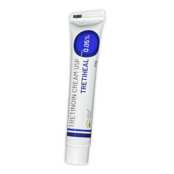 Tretiheal tretinoin cream 0.05% 20g tube on white background - front view
