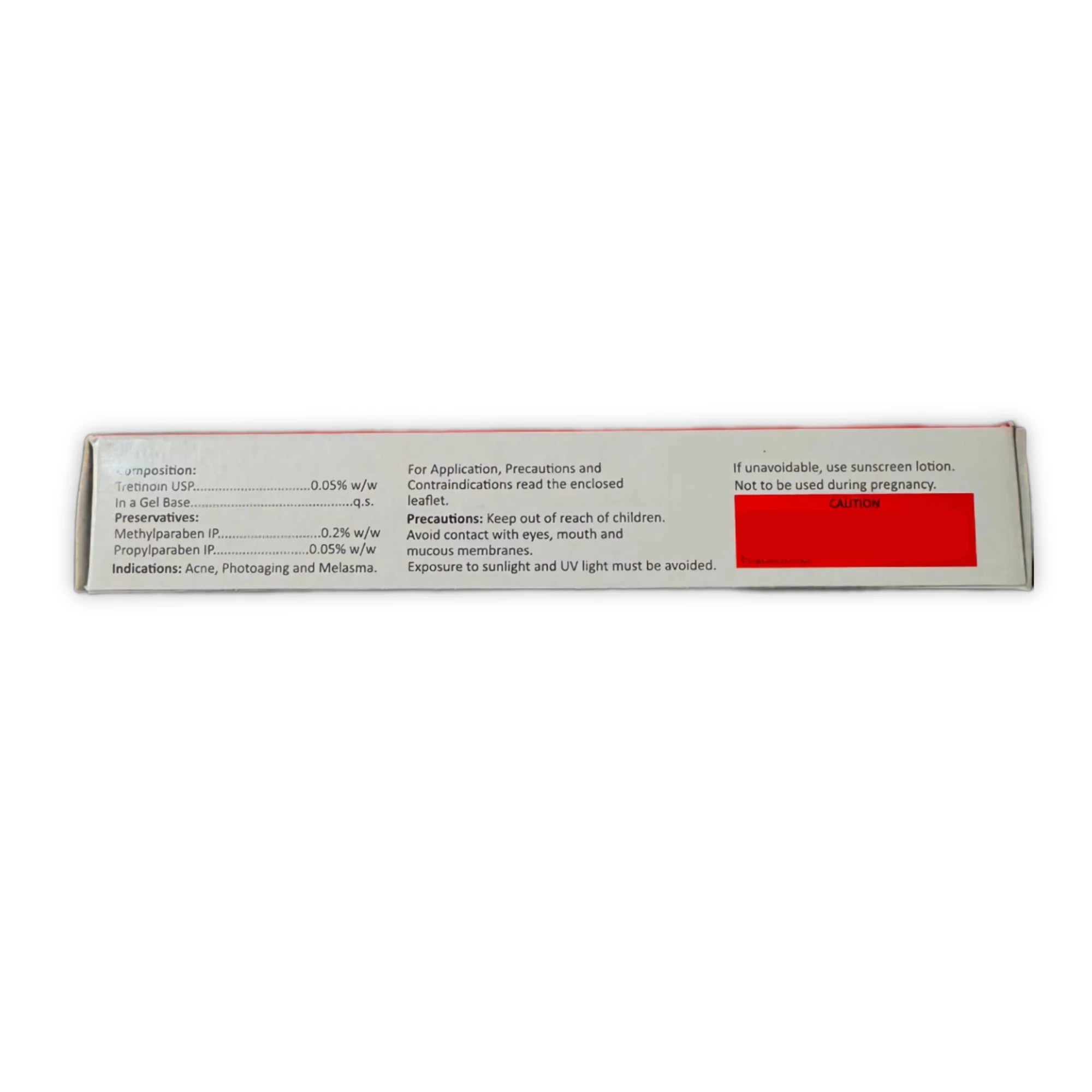 A-Ret Tretinoin Gel USP 0.05% 20g outer box – composition and precautions panel