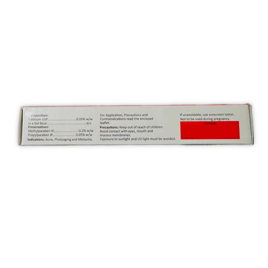 A-Ret Tretinoin Gel USP 0.05% 20g outer box – composition and precautions panel
