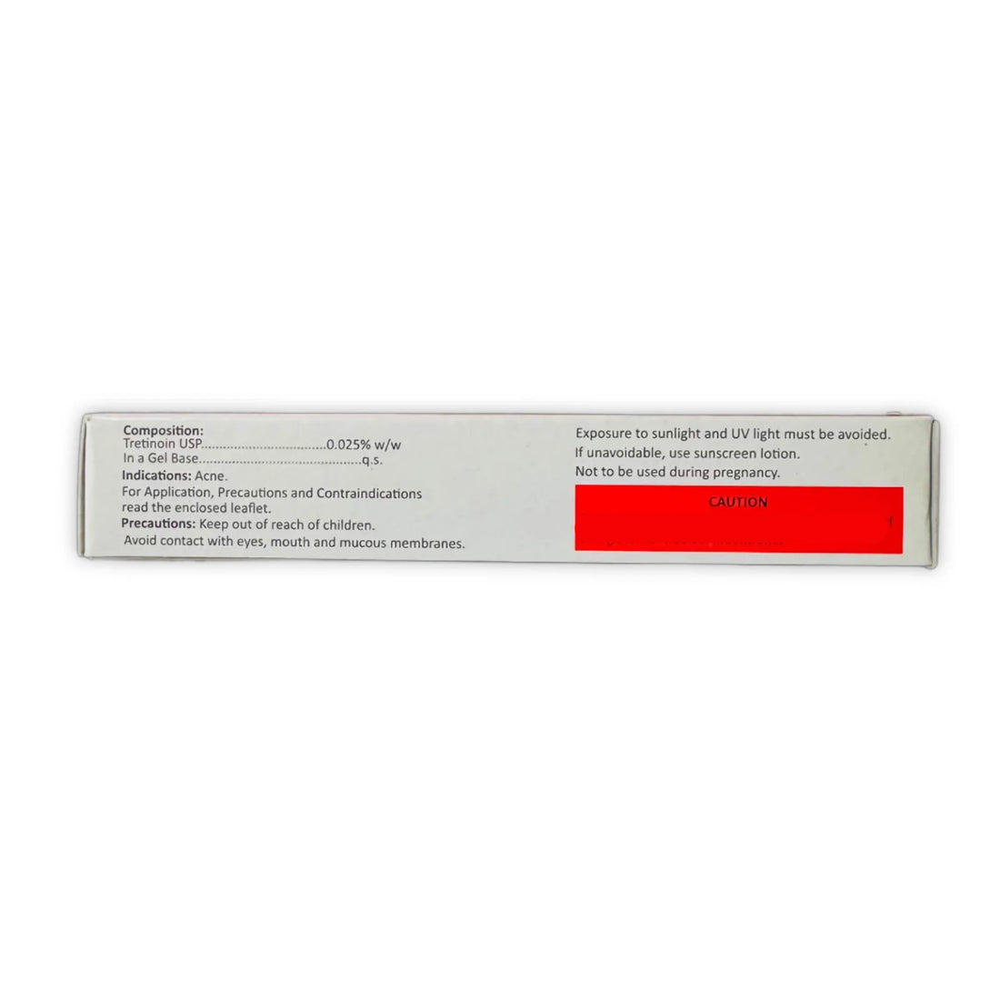 A-Ret Tretinoin Gel 0.025% box side panel showing composition and caution information by Menarini