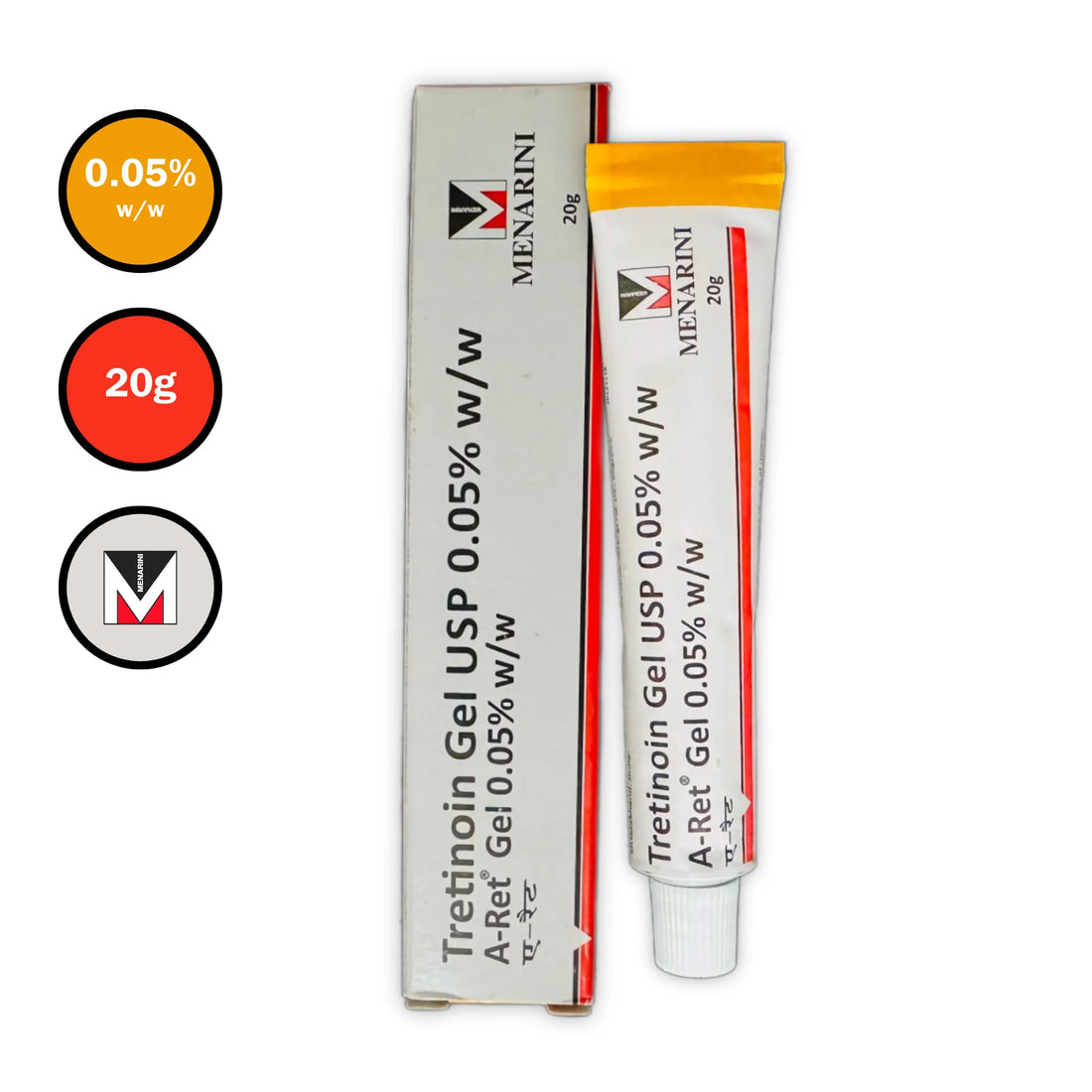 A-Ret Tretinoin Gel USP 0.05% w/w 20g by Menarini – tube and outer box with strength and pack size icons