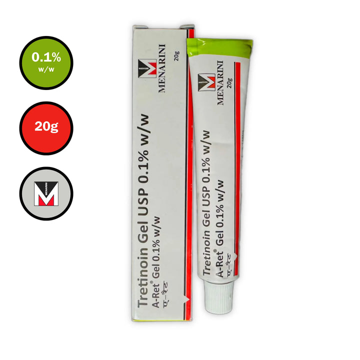 A-Ret Tretinoin Gel USP 0.1% w/w 20g by Menarini – tube and outer box with strength and pack size icons