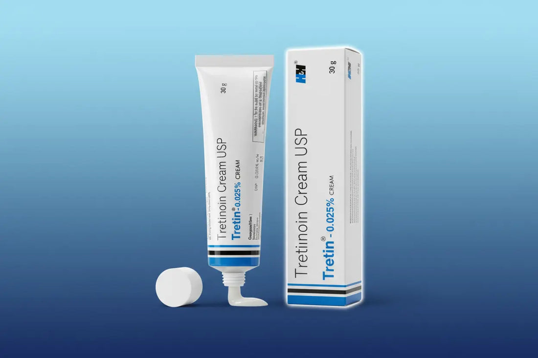 Tretinoin 0.025% Tretin 30g tube and box woth blue background.