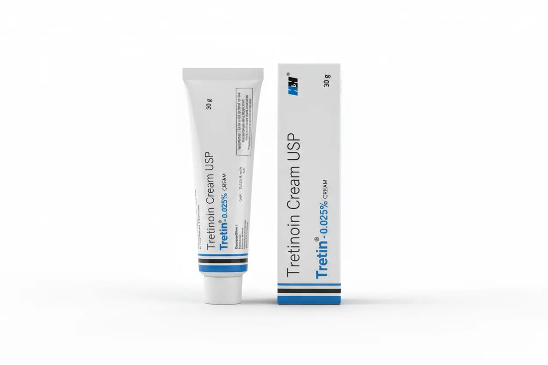 Tretinoin Cream USP 0.025% Tretin 30g tube and box — prescription retinoid cream for acne and skin renewal.