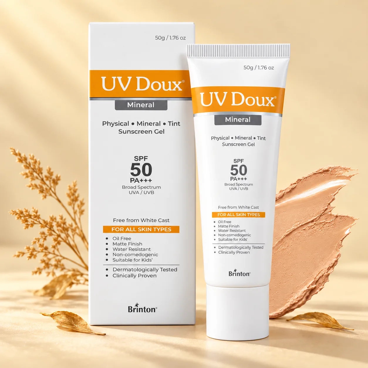 UV Doux Mineral tinted sunscreen gel SPF 50 PA+++ 50g tube and box with beige tint swatch on a warm cream background