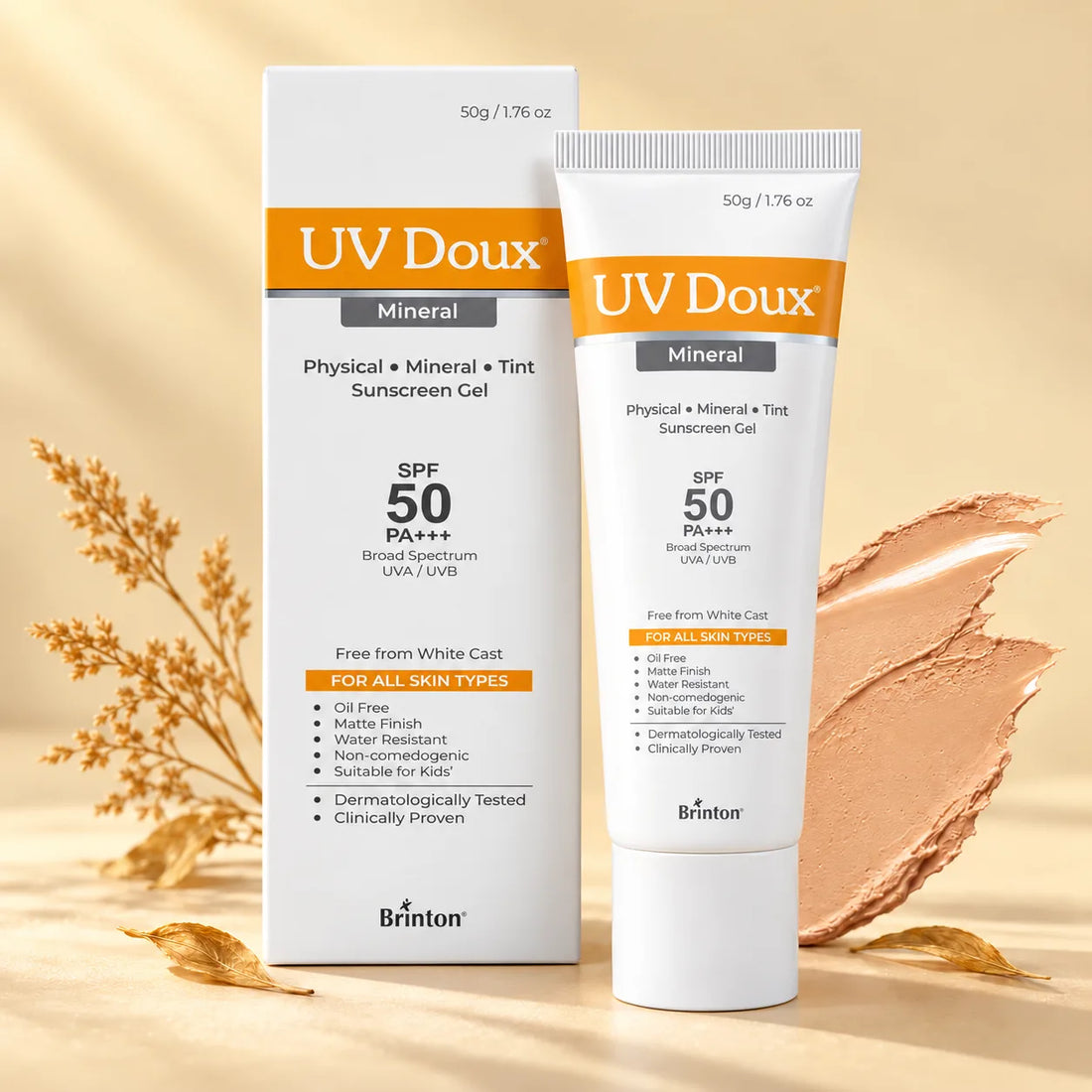 UV Doux Mineral tinted sunscreen gel SPF 50 PA+++ 50g tube and box with beige tint swatch on a warm cream background