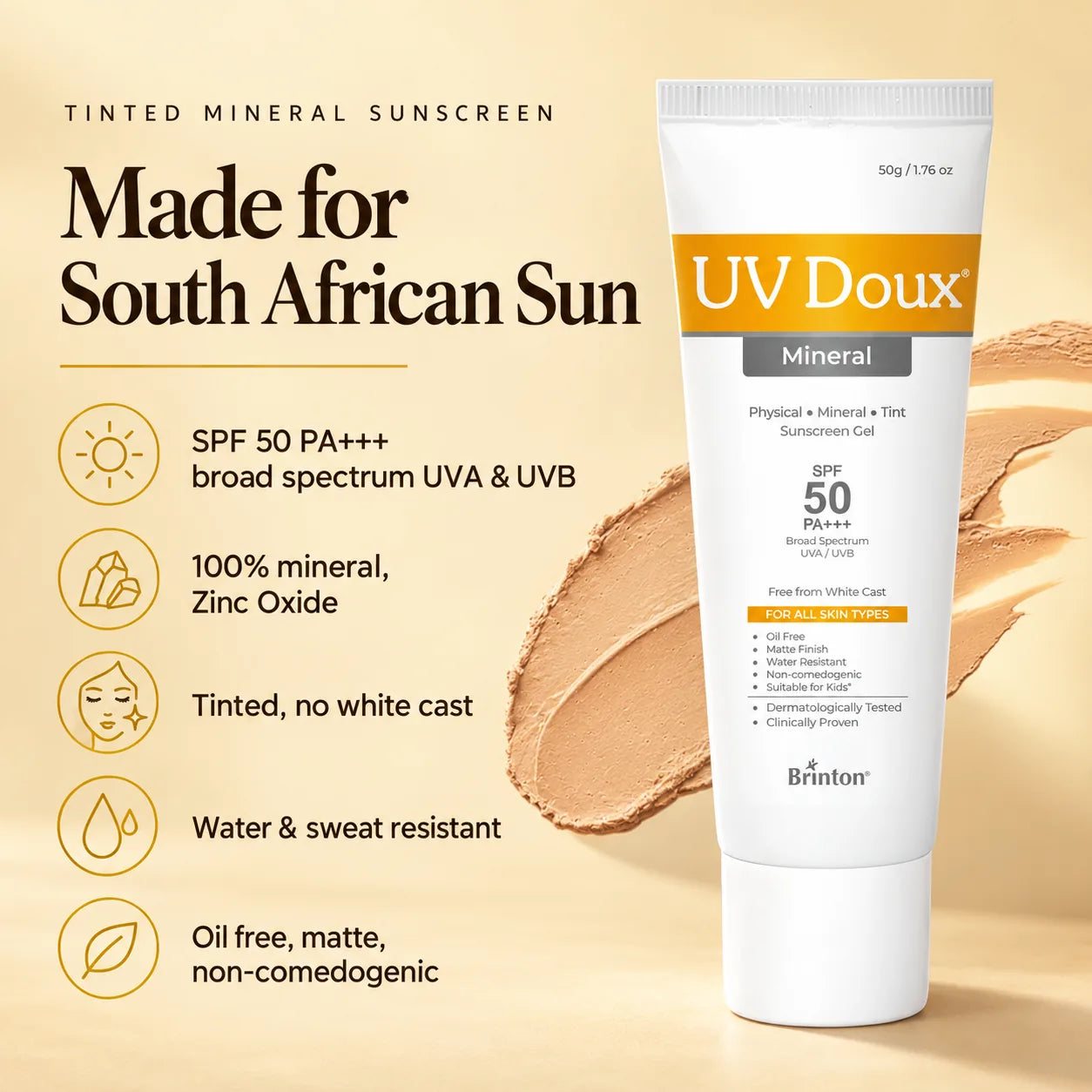 UV Doux Mineral SPF 50 benefits: broad spectrum UVA and UVB, 100% mineral zinc oxide, tinted with no white cast, water and sweat resistant, oil free and matte