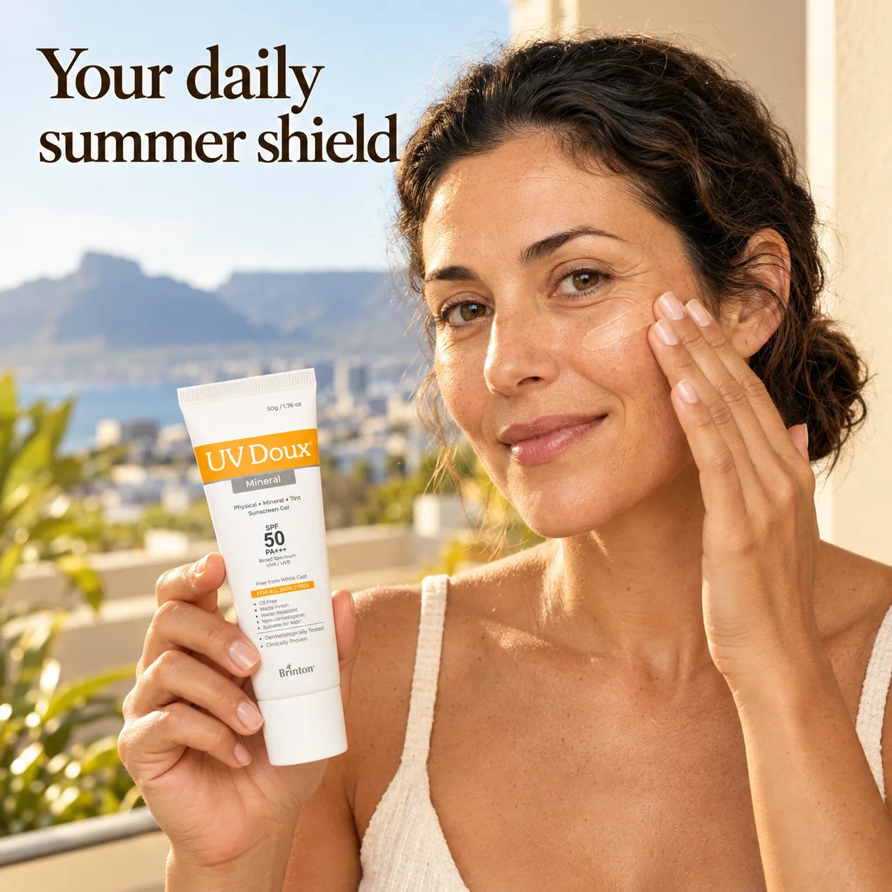 Woman applying UV Doux Mineral tinted sunscreen to her cheek on a sunny Cape Town balcony, holding the 50g tube