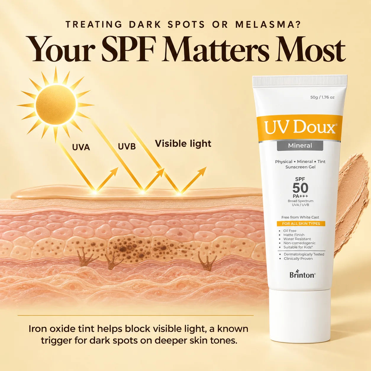 How UV Doux Mineral tinted SPF 50 helps protect against UVA, UVB and visible light, a trigger for dark spots and melasma on deeper skin tones