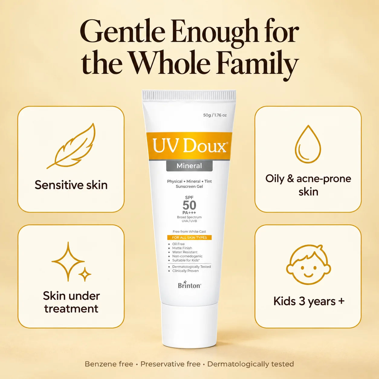 UV Doux Mineral sunscreen suits sensitive skin, oily and acne-prone skin, skin under treatment and kids 3 years and older; benzene and preservative free