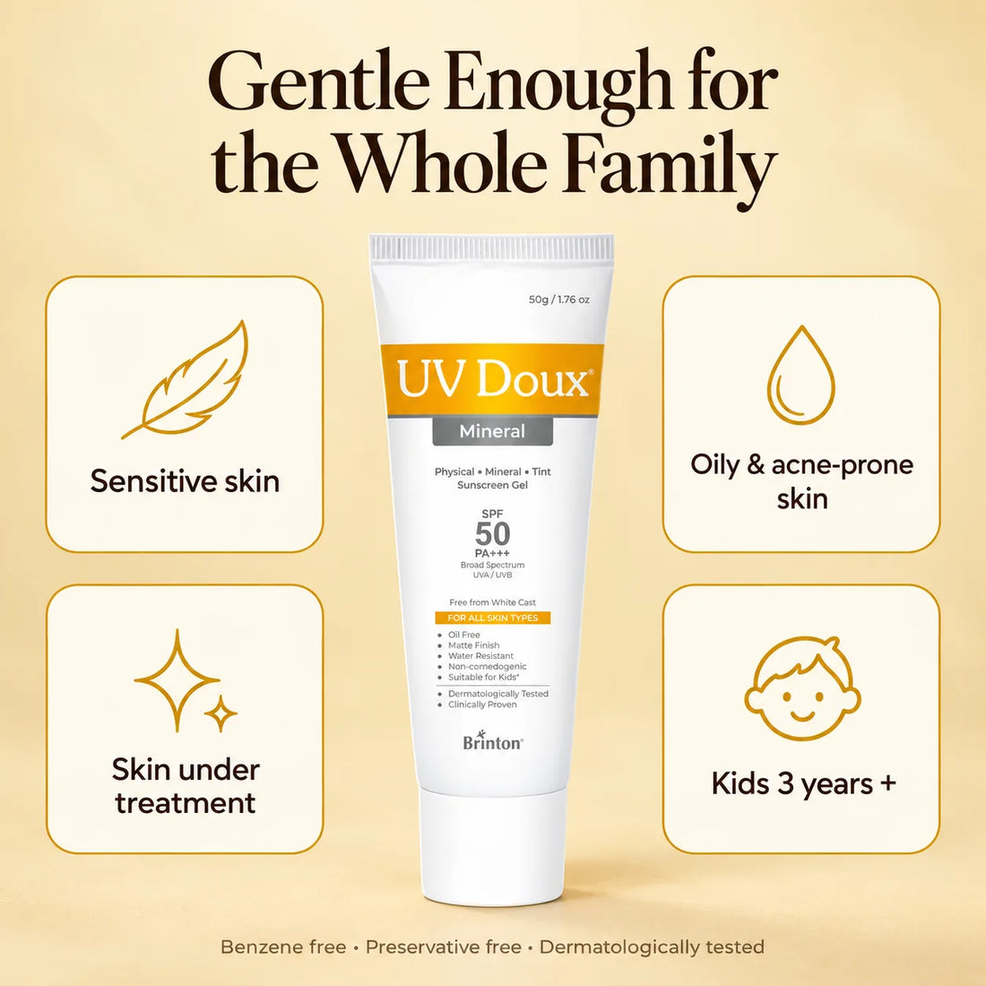 UV Doux Mineral sunscreen suits sensitive skin, oily and acne-prone skin, skin under treatment and kids 3 years and older; benzene and preservative free