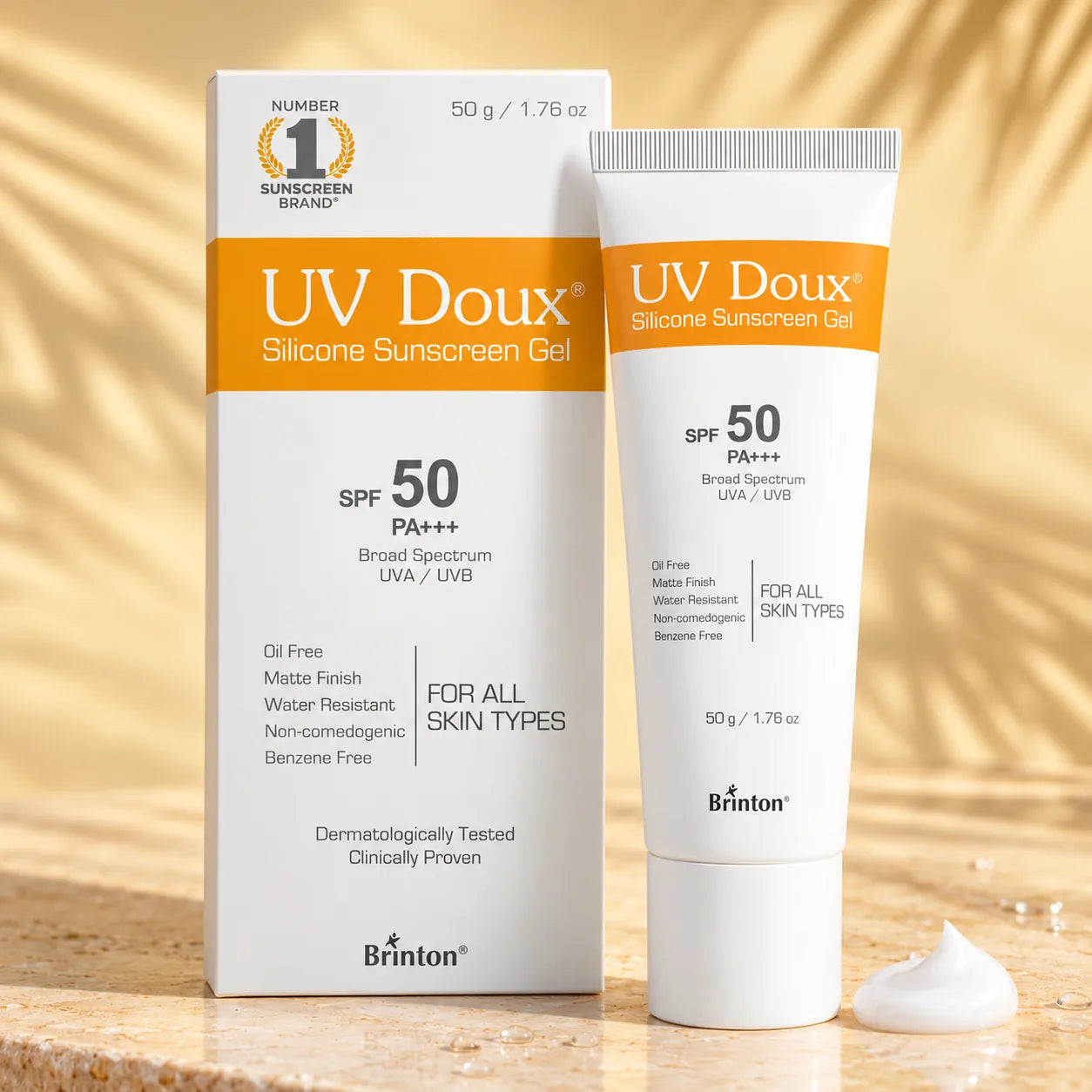 UV Doux Silicone Sunscreen Gel SPF 50 PA+++ 50g tube and box with white gel swirl and water droplets in warm summer sunlight