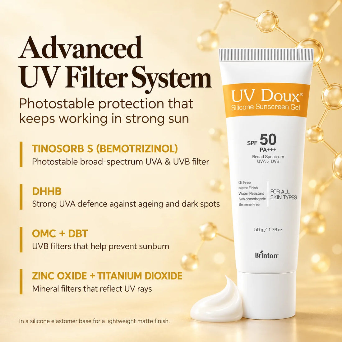 UV Doux Silicone Sunscreen Gel UV filters: Tinosorb S (Bemotrizinol), DHHB, OMC and DBT, zinc oxide and titanium dioxide in a silicone elastomer base