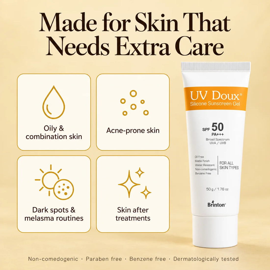 UV Doux Silicone Sunscreen Gel suits oily and combination skin, acne-prone skin, dark spot and melasma routines and skin after treatments